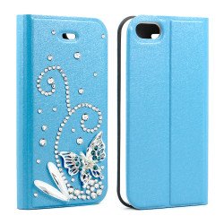 Apple iPhone 5/5S Crystal Diamond Flip Wallet Case (Blue)